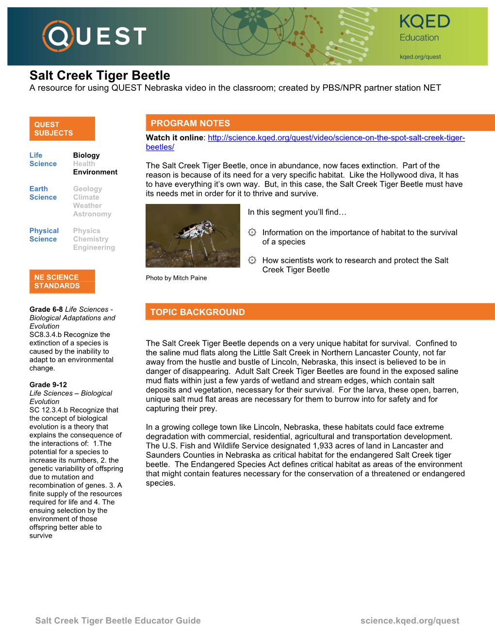 Salt Creek Tiger Beetle a Resource for Using QUEST Nebraska Video in the Classroom; Created by PBS/NPR Partner Station NET