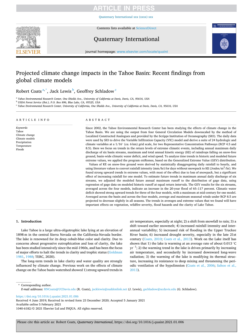 Projected Climate Change Impacts in the Tahoe Basin: Recent Findingsfrom Global Climate Models