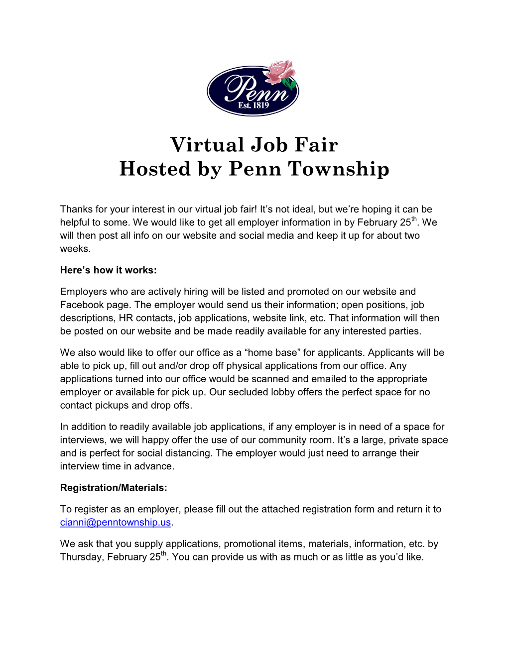 Virtual Job Fair Hosted by Penn Township