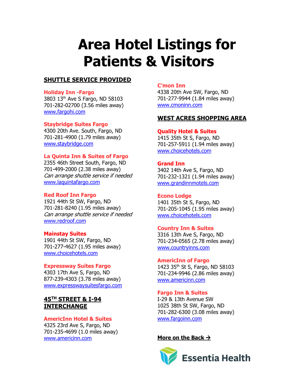 Area Hotel Listings for Patients & Visitors