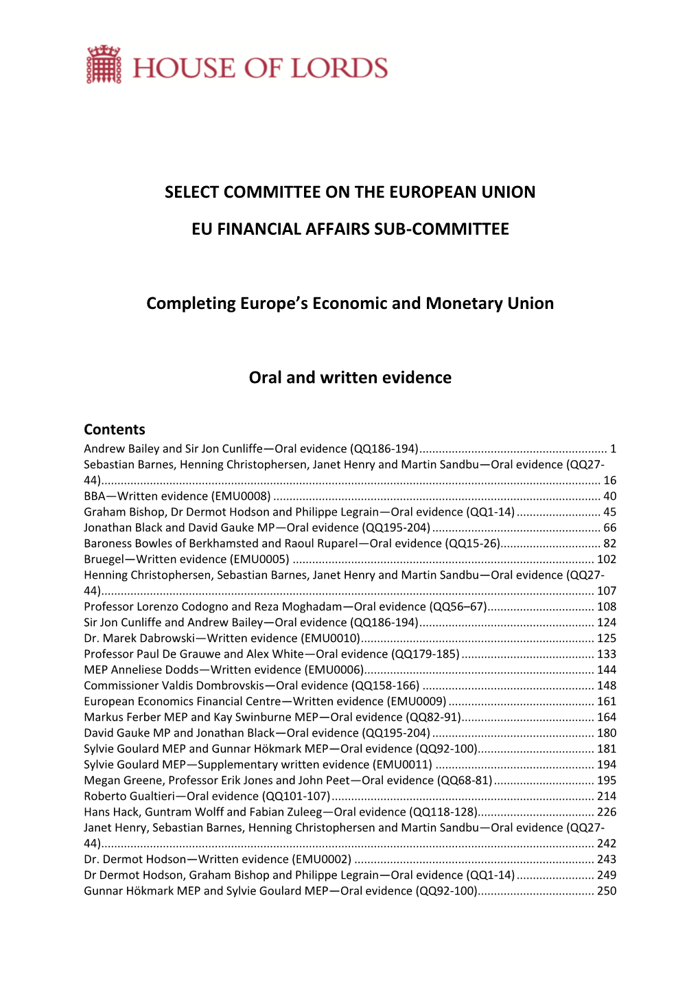 Select Committee on the European Union Eu Financial Affairs Sub-Committee