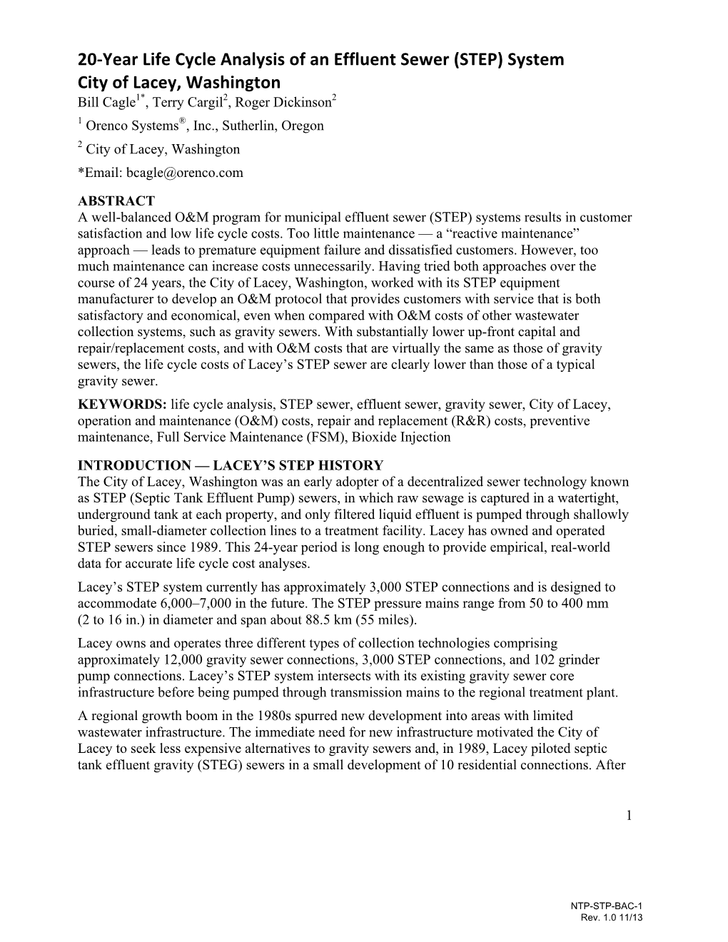 20-Year Life Cycle Analysis of an Effluent Sewer (STEP) System City