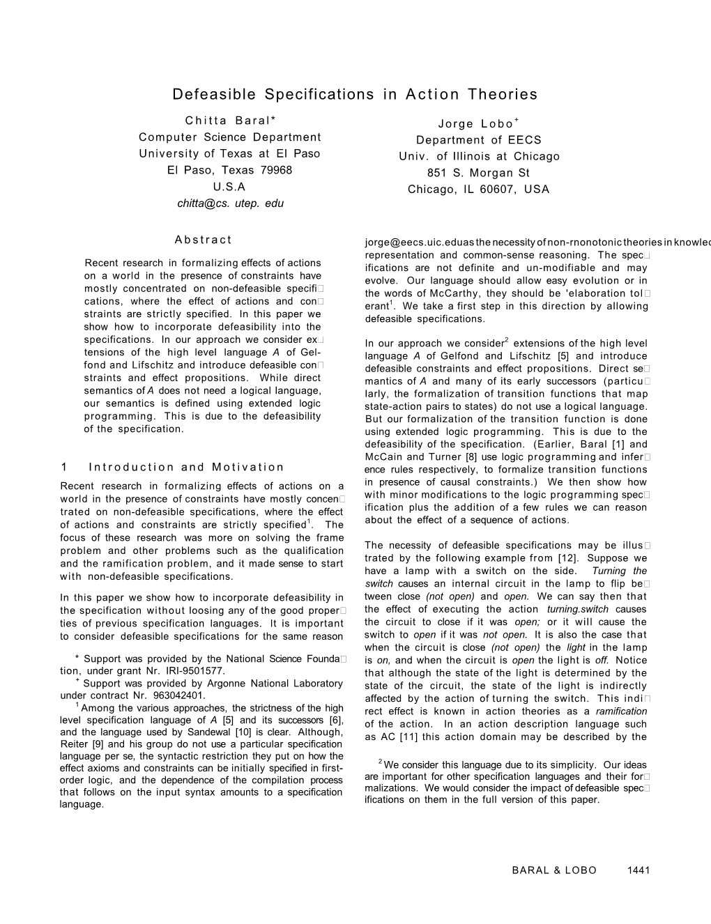 Defeasible Specifications in Action Theories