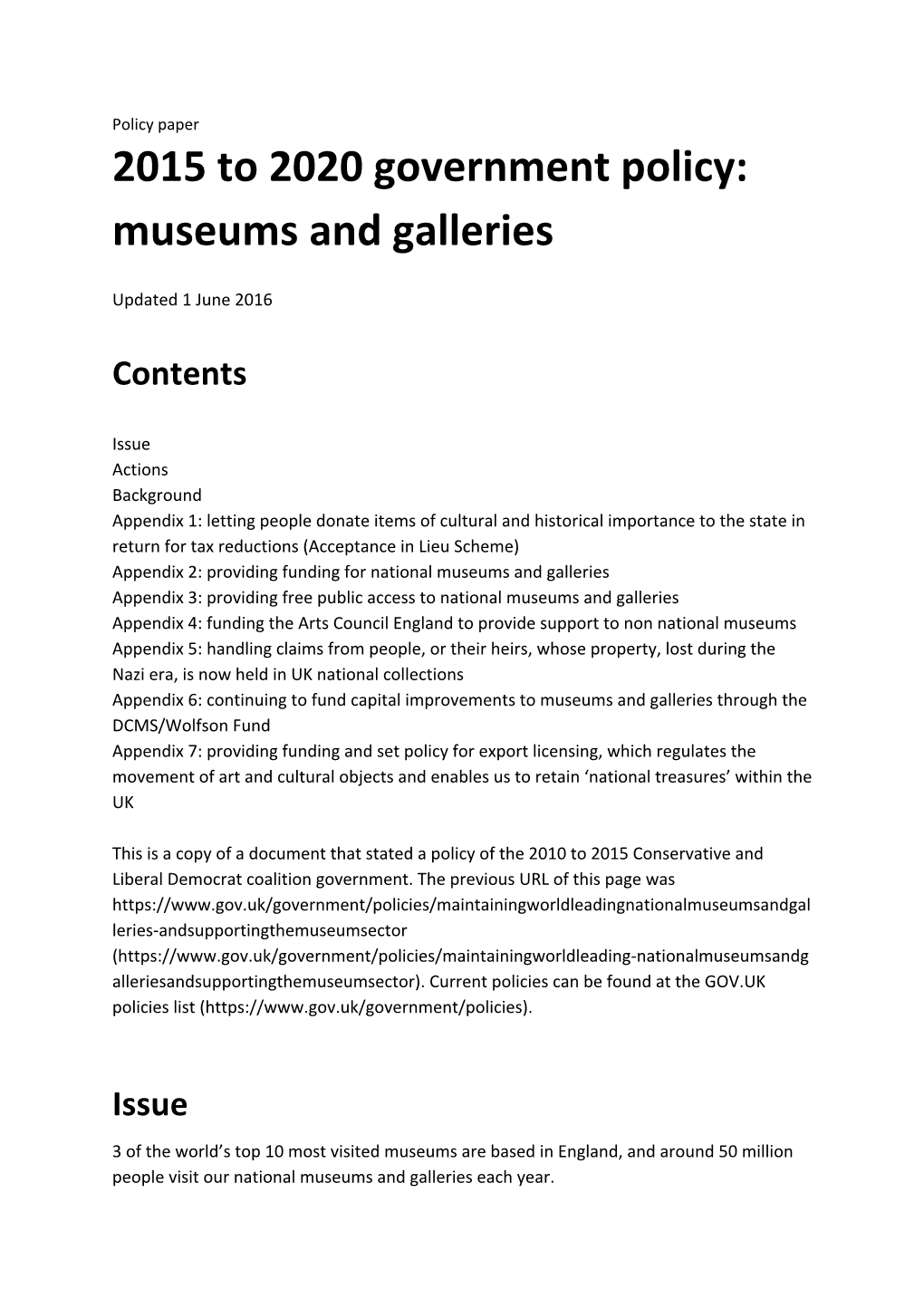 2015 to 2020 Government Policy: Museums and Galleries