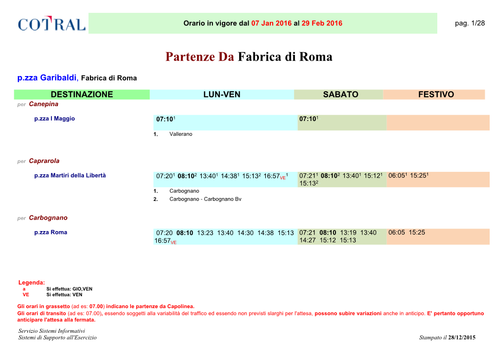 Partenze Da Fabrica Di Roma P.Zza Garibaldi, Fabrica Di Roma