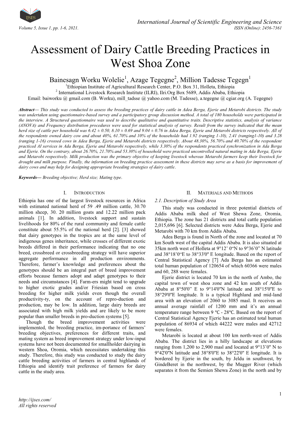 Assessment of Dairy Cattle Breeding Practices in West Shoa Zone