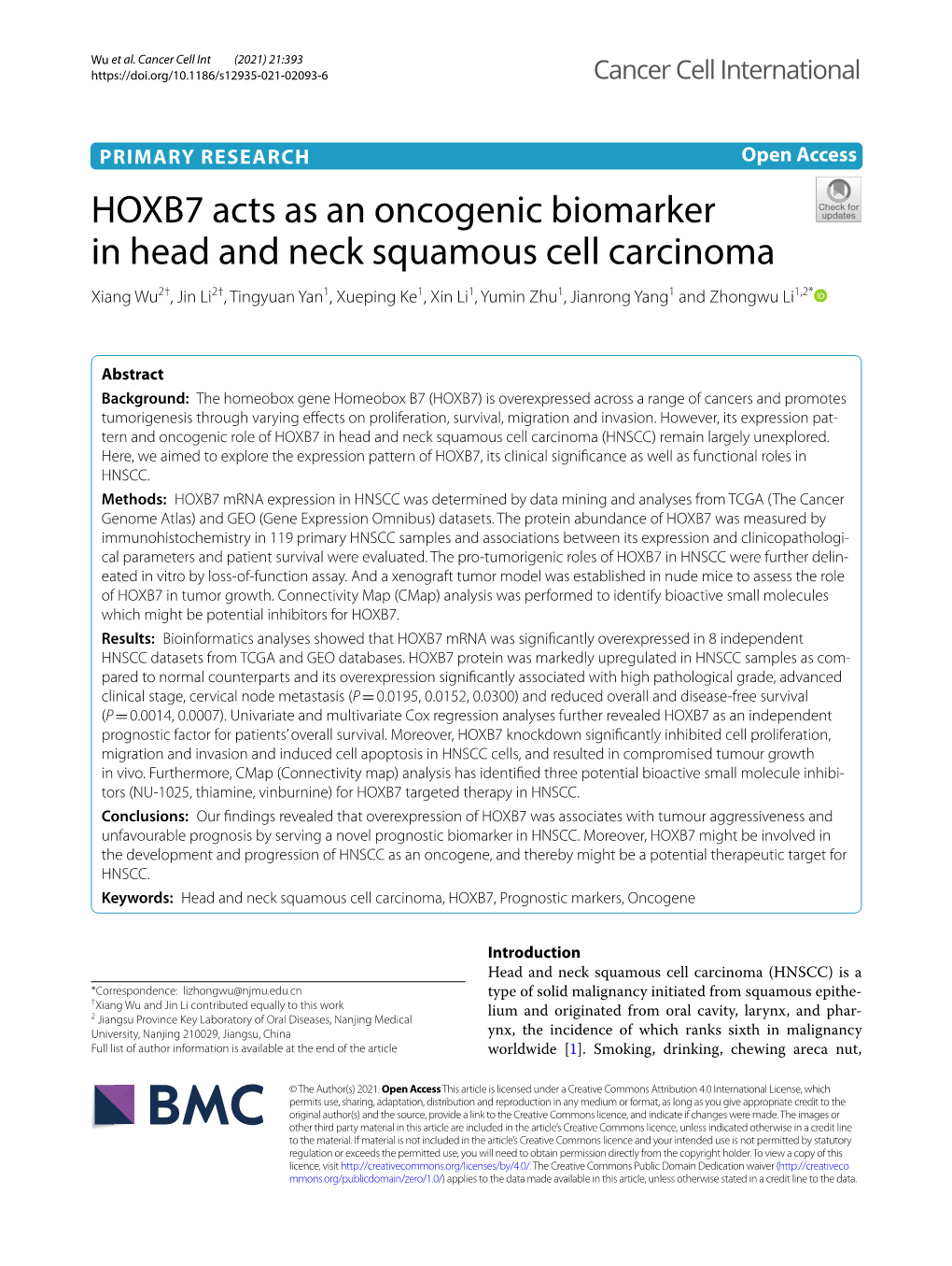 HOXB7 Acts As an Oncogenic Biomarker in Head and Neck