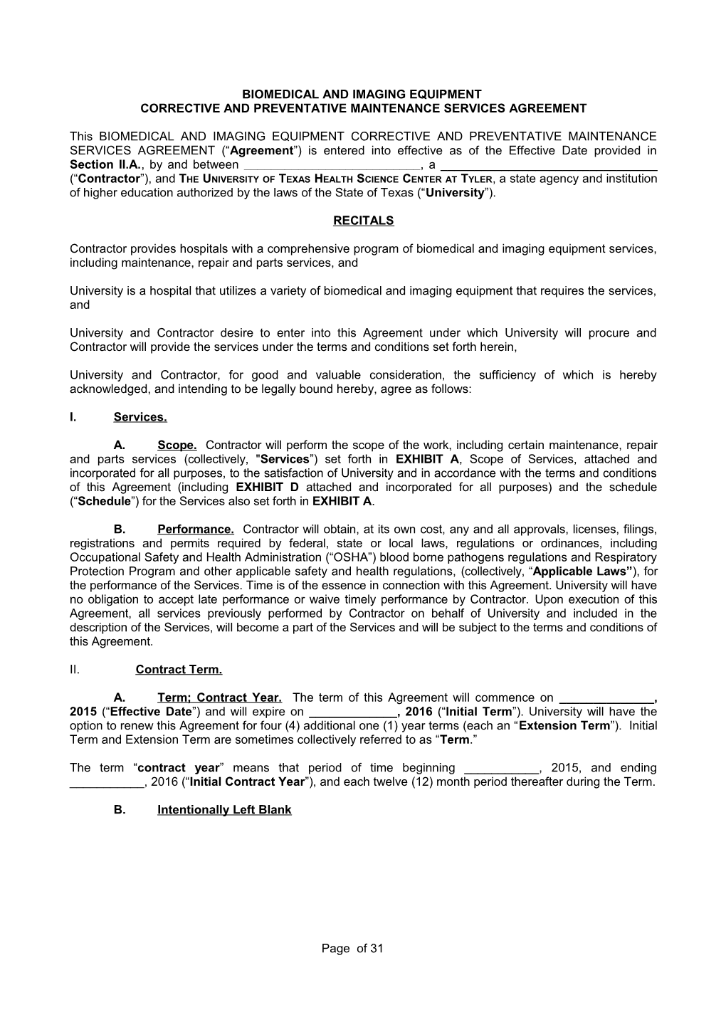 Biomedical and Imaging Equipment Services Agreement