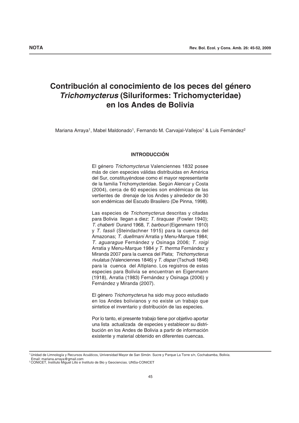 Contribución Al Conocimiento De Los Peces Del Género Trichomycterus (Siluriformes: Trichomycteridae) En Los Andes De Bolivia