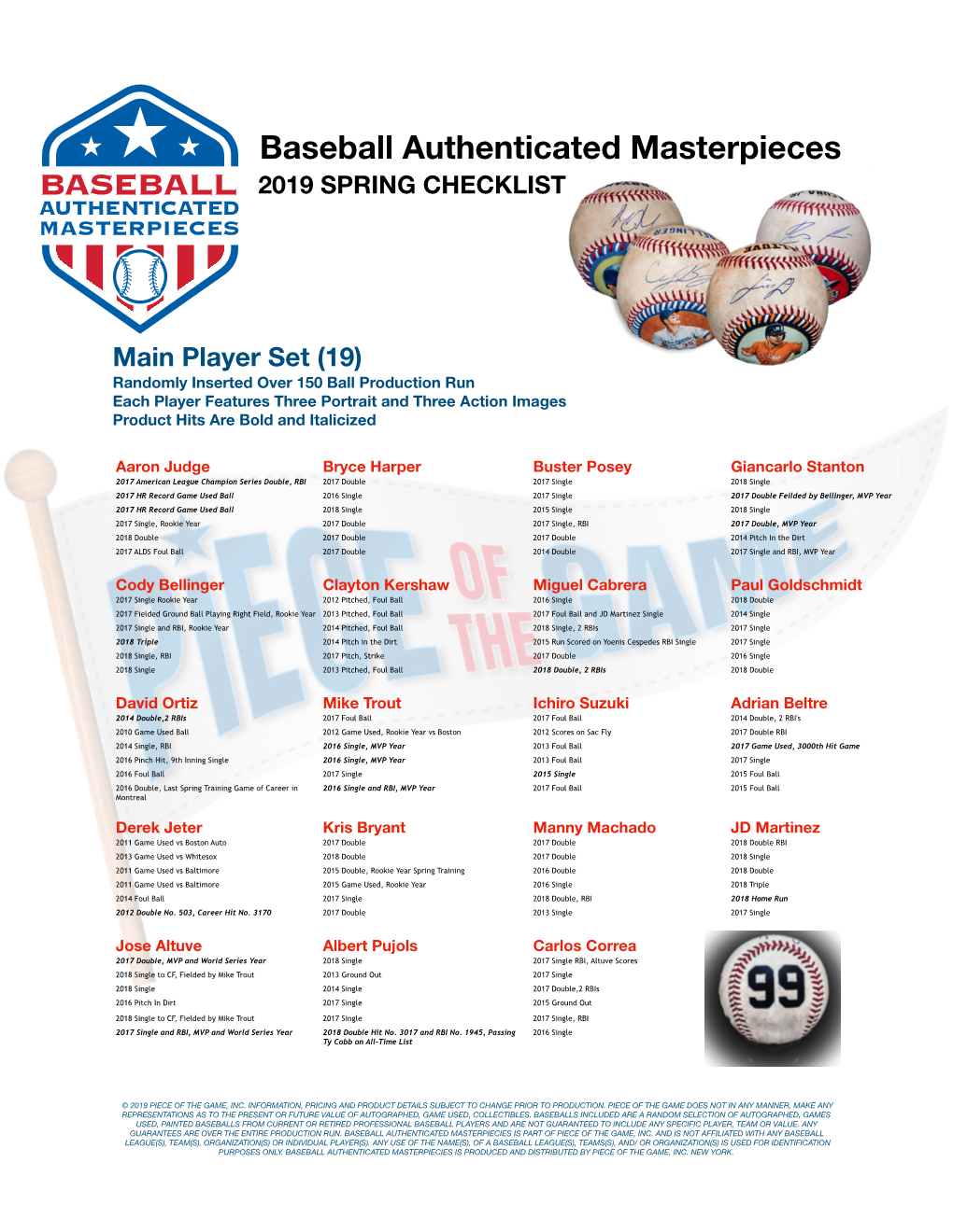 Baseball Authenticated Masterpieces 2019 SPRING CHECKLIST