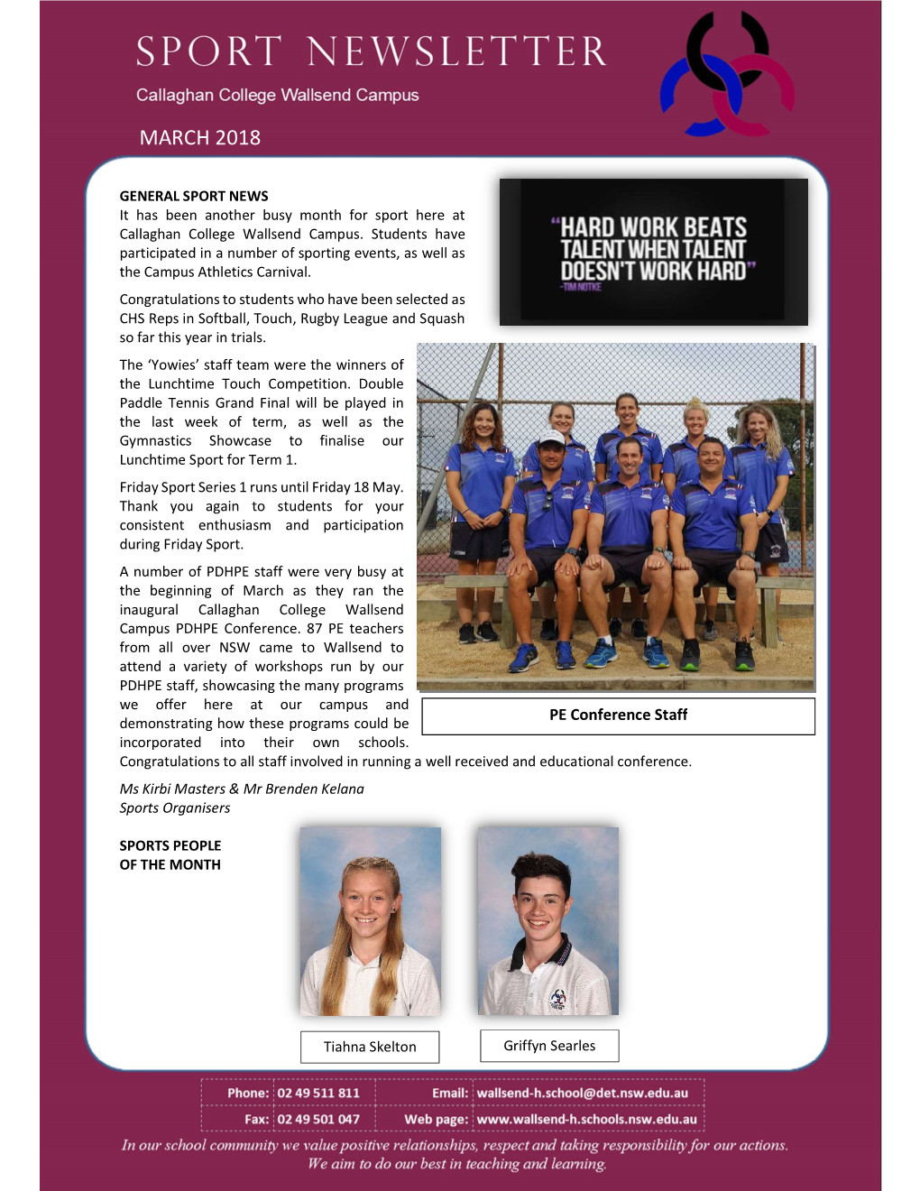 CCWC March 2018 Sports Newsletter