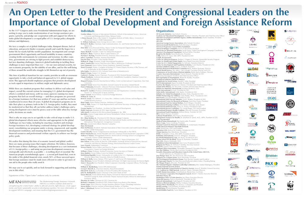 An Open Letter to the President and Congressional Leaders on The