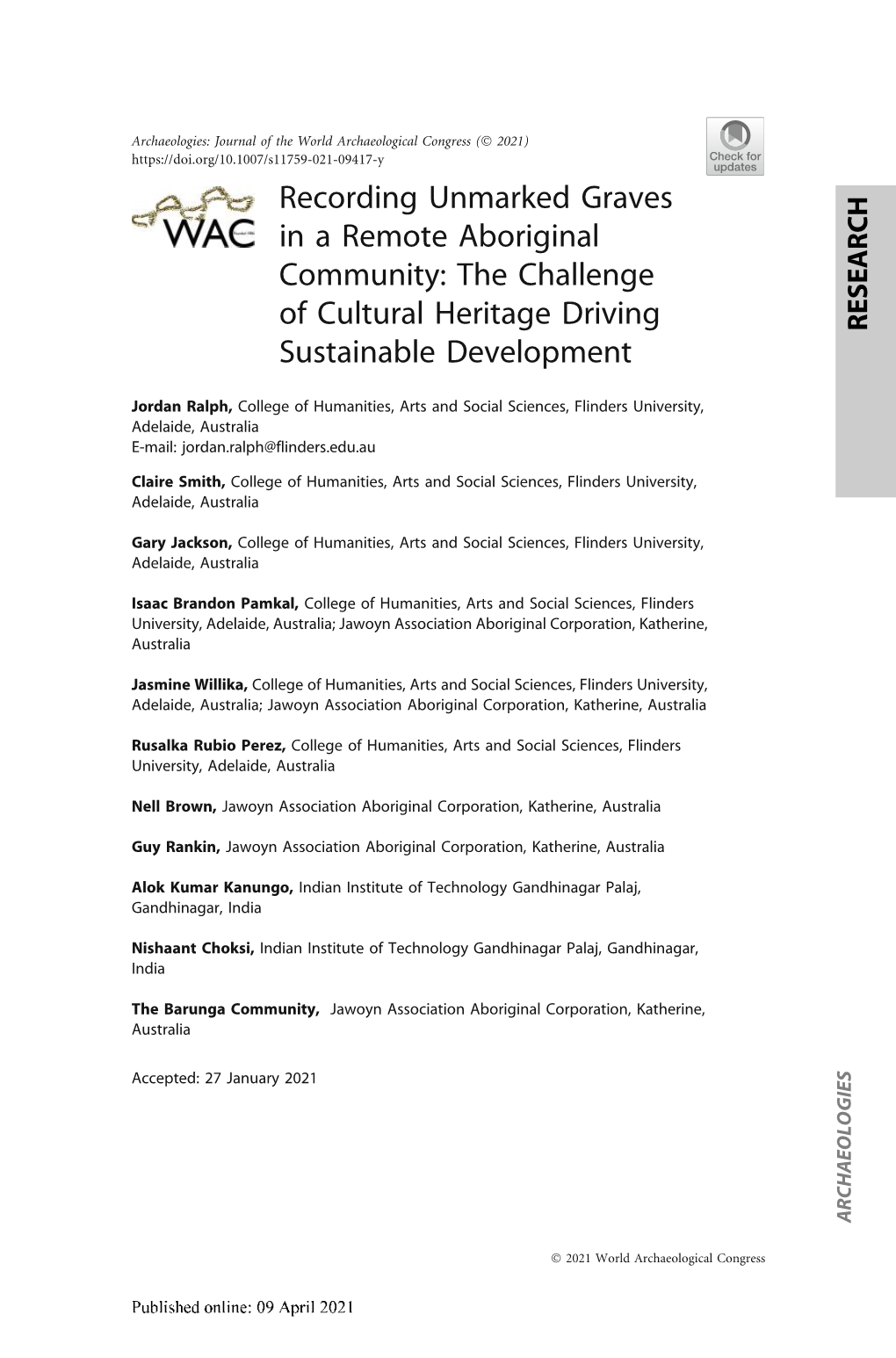 Recording Unmarked Graves in a Remote Aboriginal Community: the Challenge of Cultural Heritage Driving RESEARCH Sustainable Development