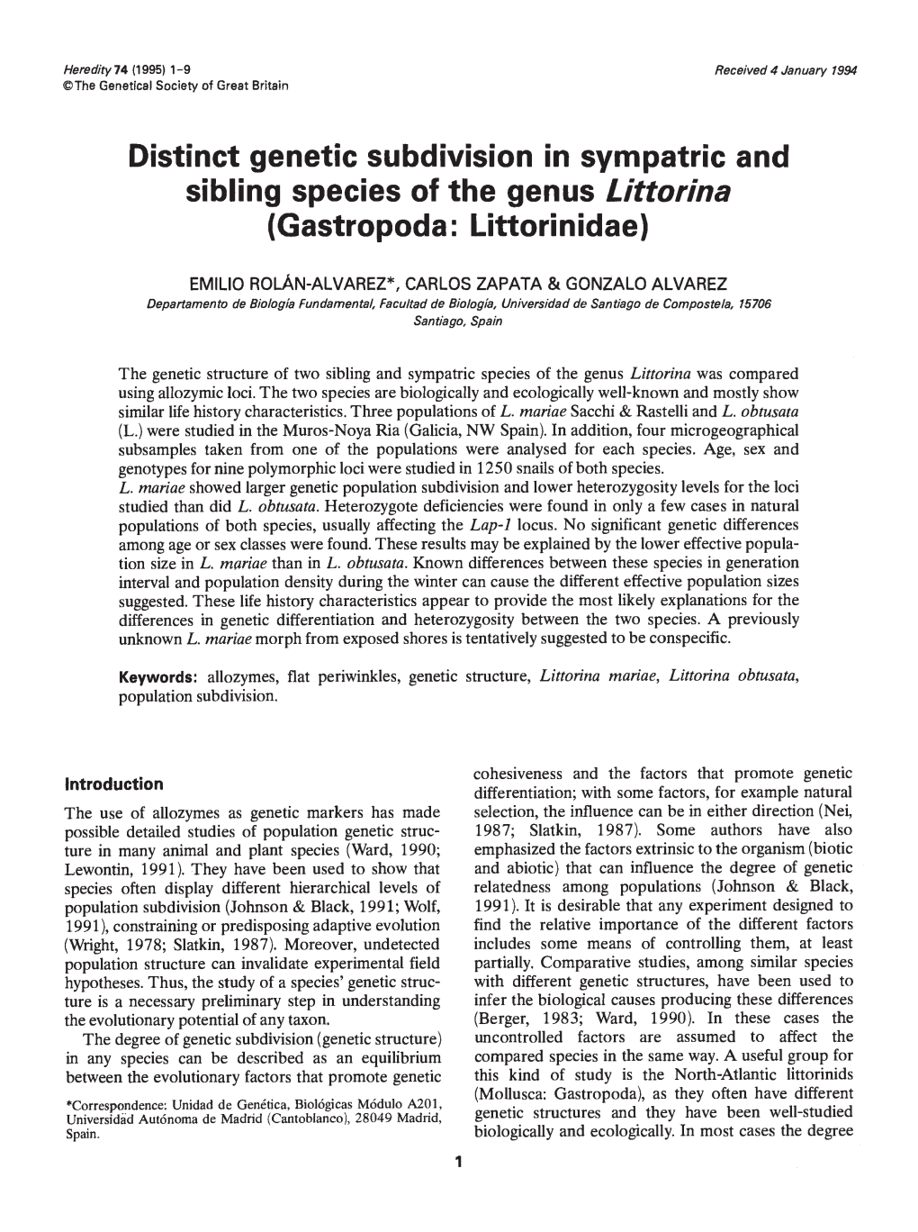 Distinct Genetic Subdivision in Sympatric and Sibling Species of the Genus Littorina (Gastropoda: Littorinidae)