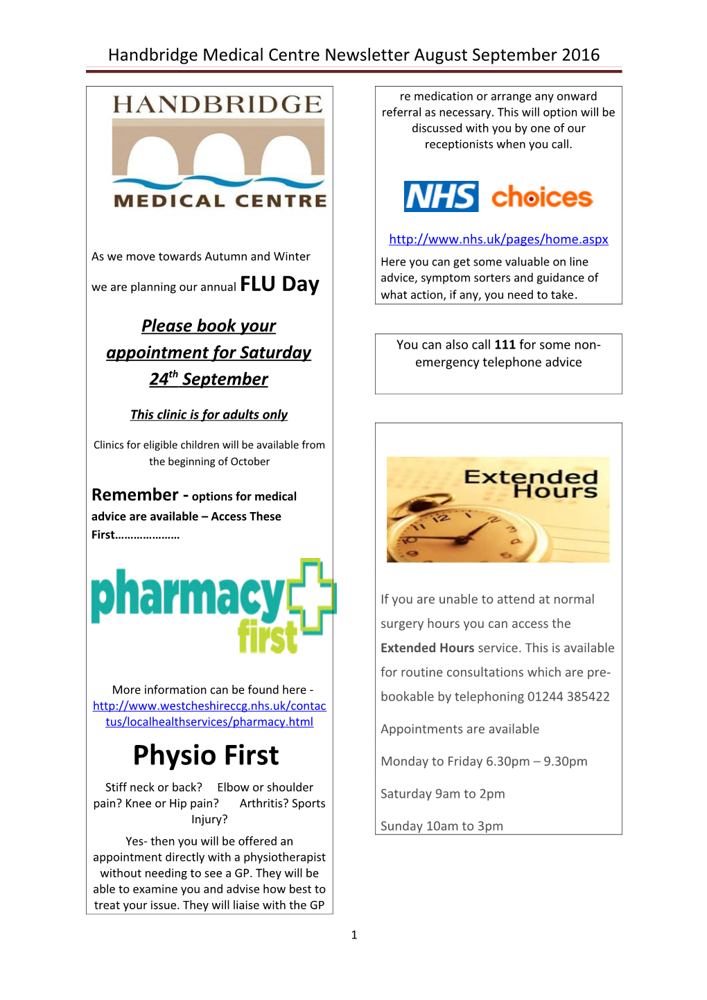 Handbridge Medical Centre Newsletter August September 2016