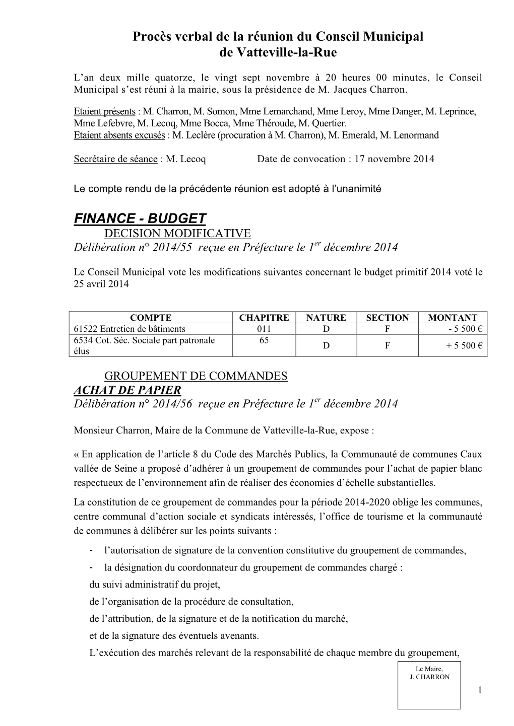 Procès Verbal De La Réunion Du Conseil Municipal De Vatteville-La-Rue