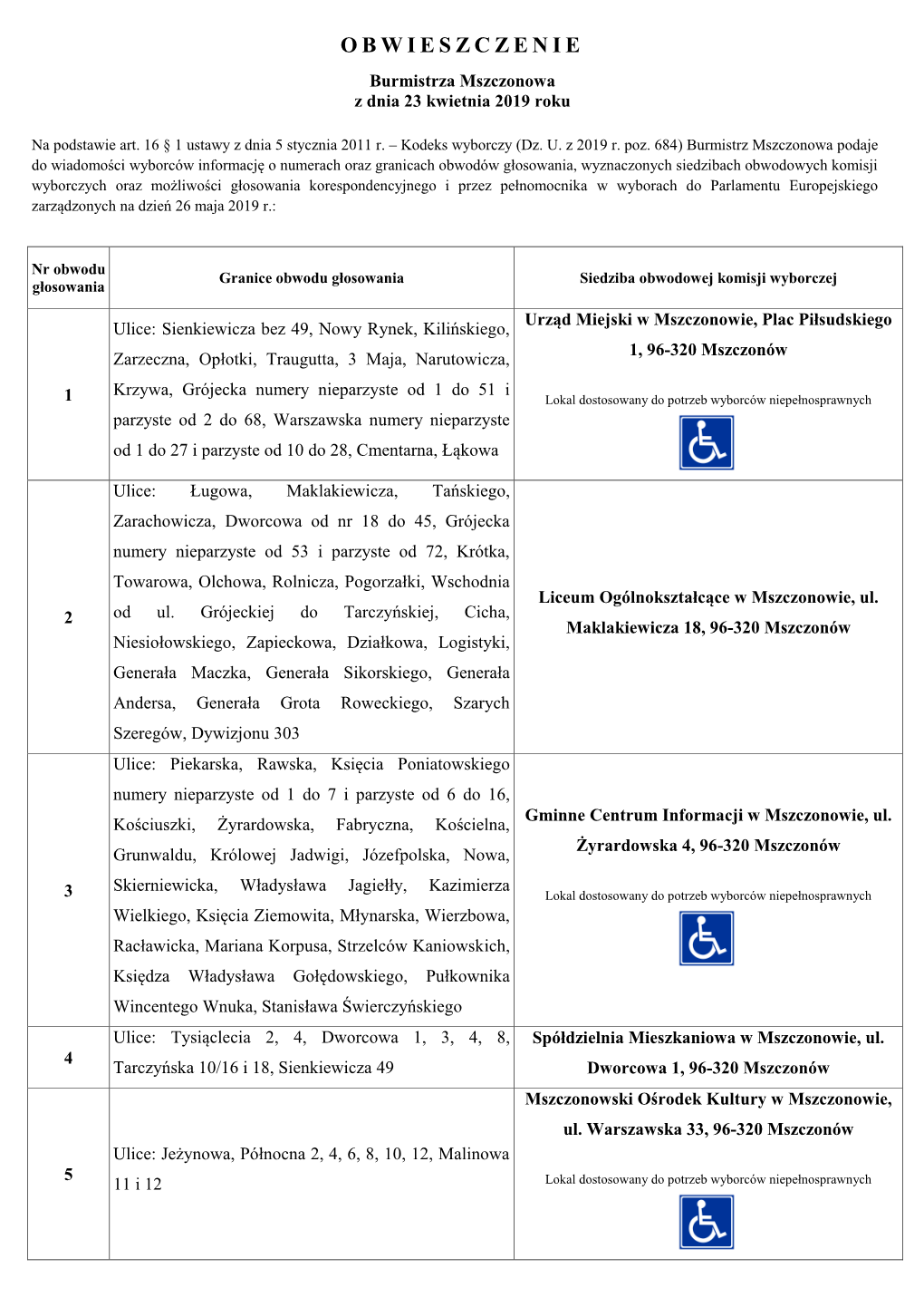 OBWIESZCZENIE Burmistrza Mszczonowa Z Dnia 23 Kwietnia 2019 Roku