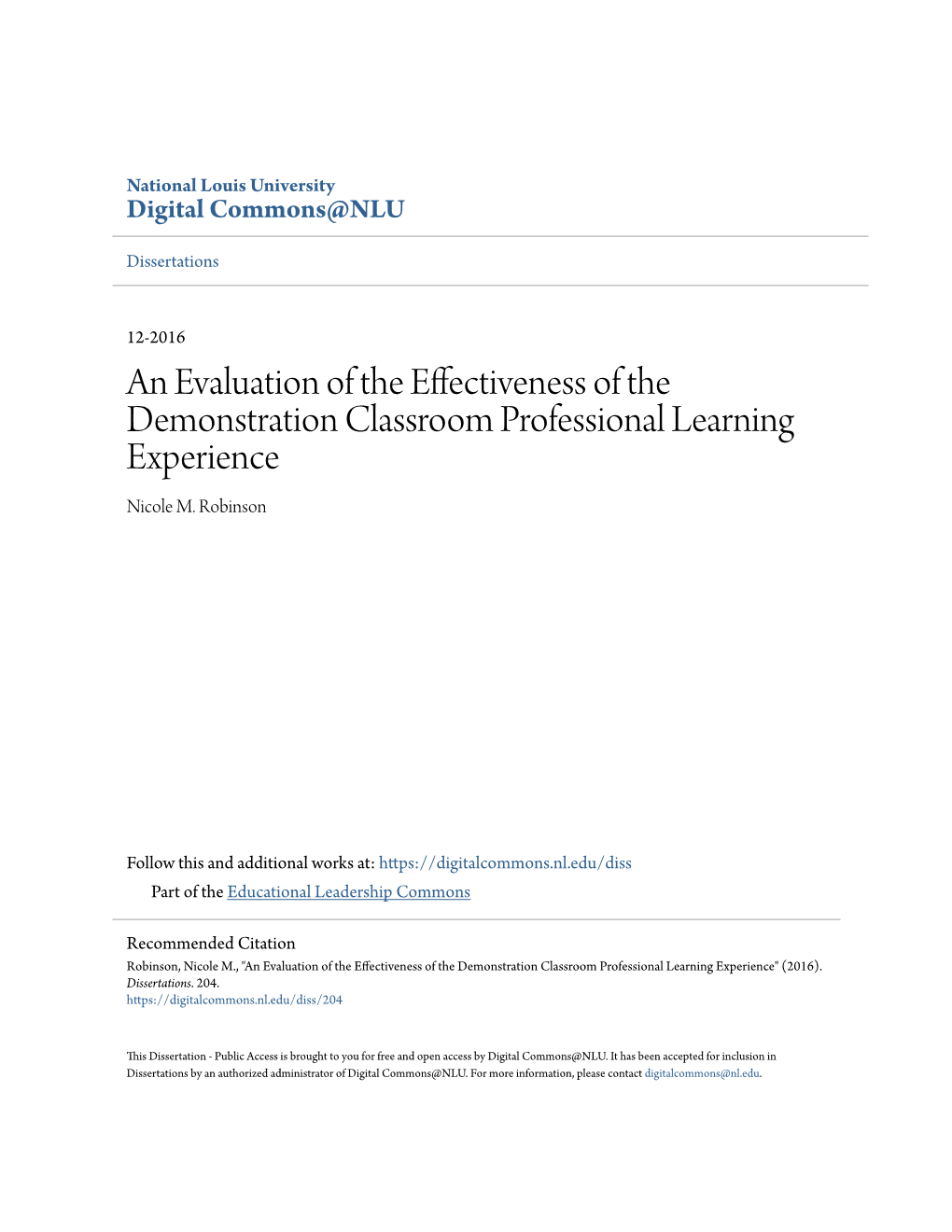 An Evaluation of the Effectiveness of the Demonstration Classroom Professional Learning Experience Nicole M