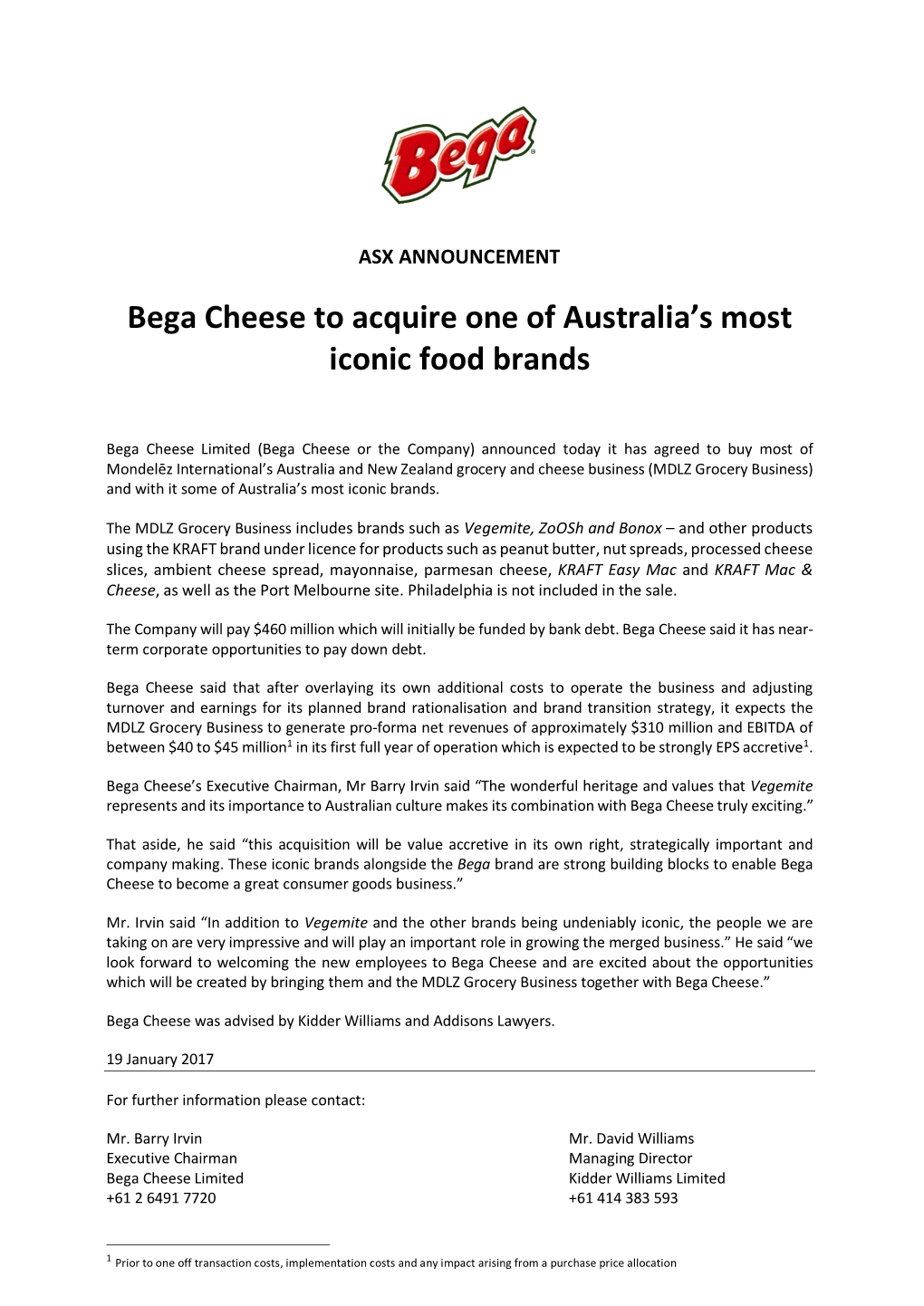 Bega Cheese to Acquire One of Australia's Most Iconic Food Brands