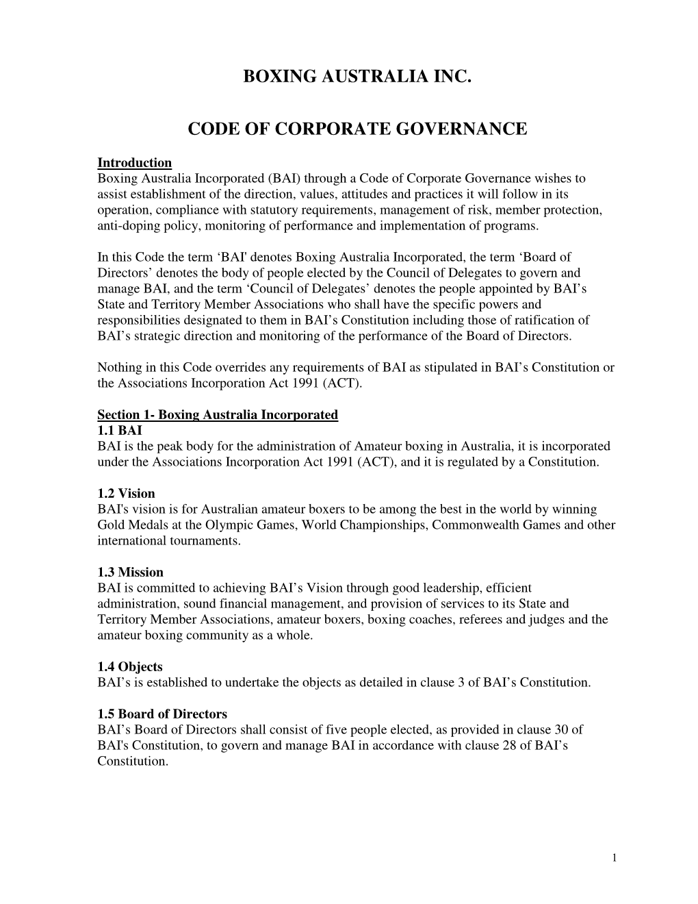 Boxing Australia Inc. Code of Corporate Governance