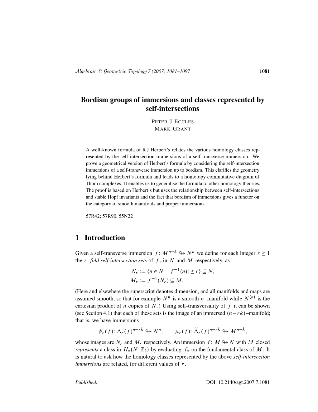 Bordism Groups of Immersions and Classes Represented by Self-Intersections