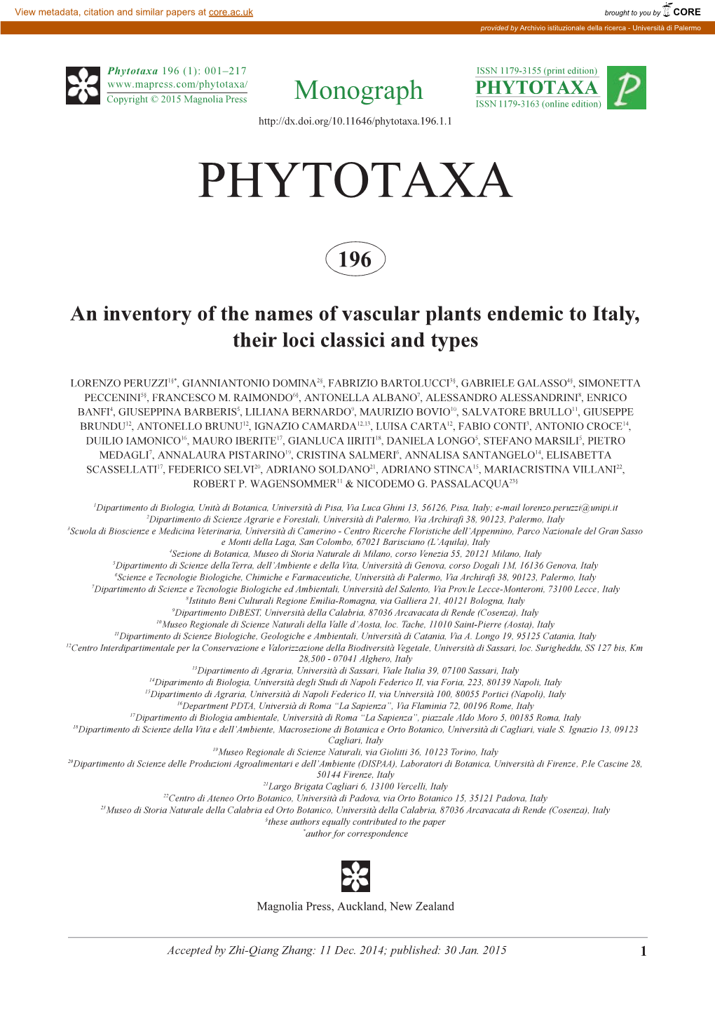 An Inventory of the Names of Vascular Plants Endemic to Italy, Their Loci Classici and Types