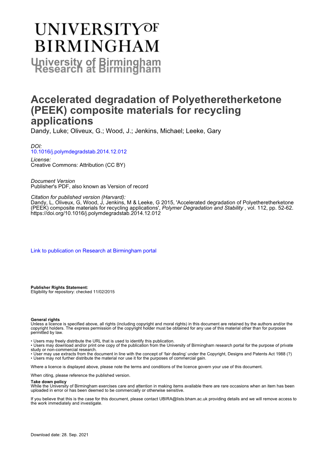 Accelerated Degradation of Polyetheretherketone (PEEK