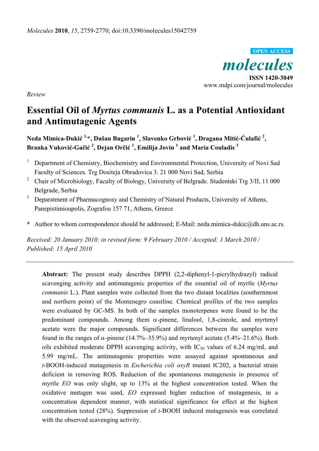 Essential Oil of Myrtus Communis L. As a Potential Antioxidant and Antimutagenic Agents