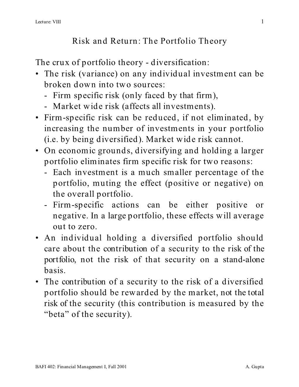 Diversification: • the Risk (Variance)