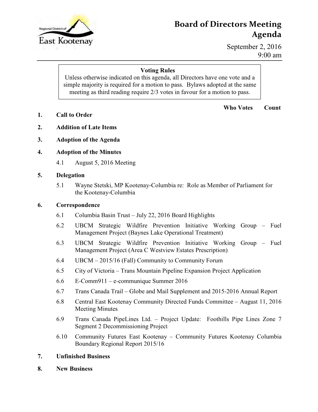 Board of Directors Meeting Agenda