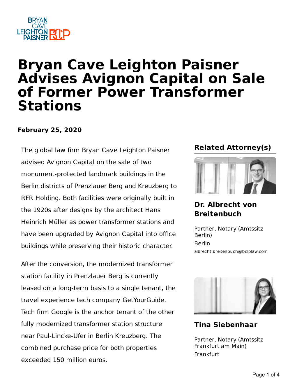 Bryan Cave Leighton Paisner Advises Avignon Capital on Sale of Former Power Transformer Stations