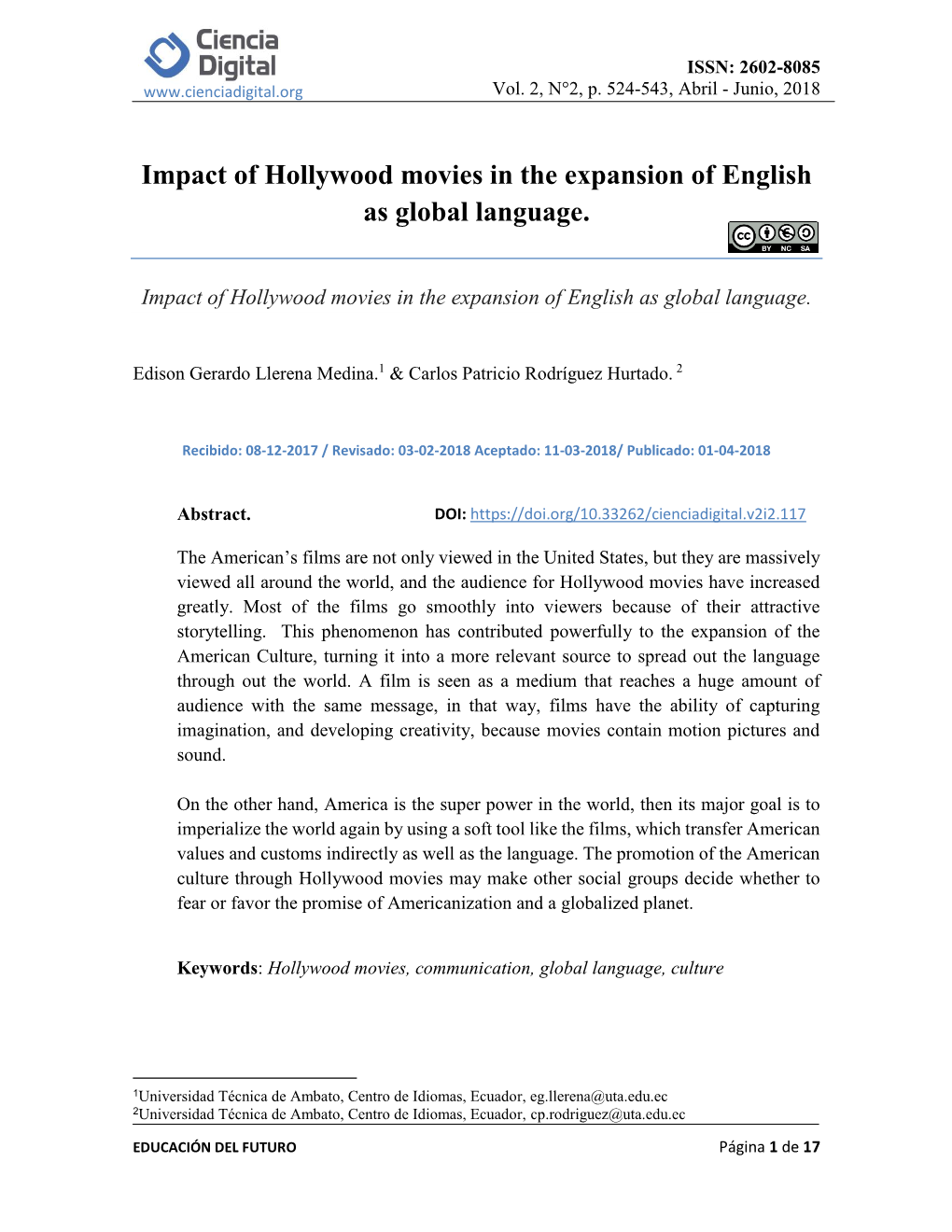 Impact of Hollywood Movies in the Expansion of English As Global Language