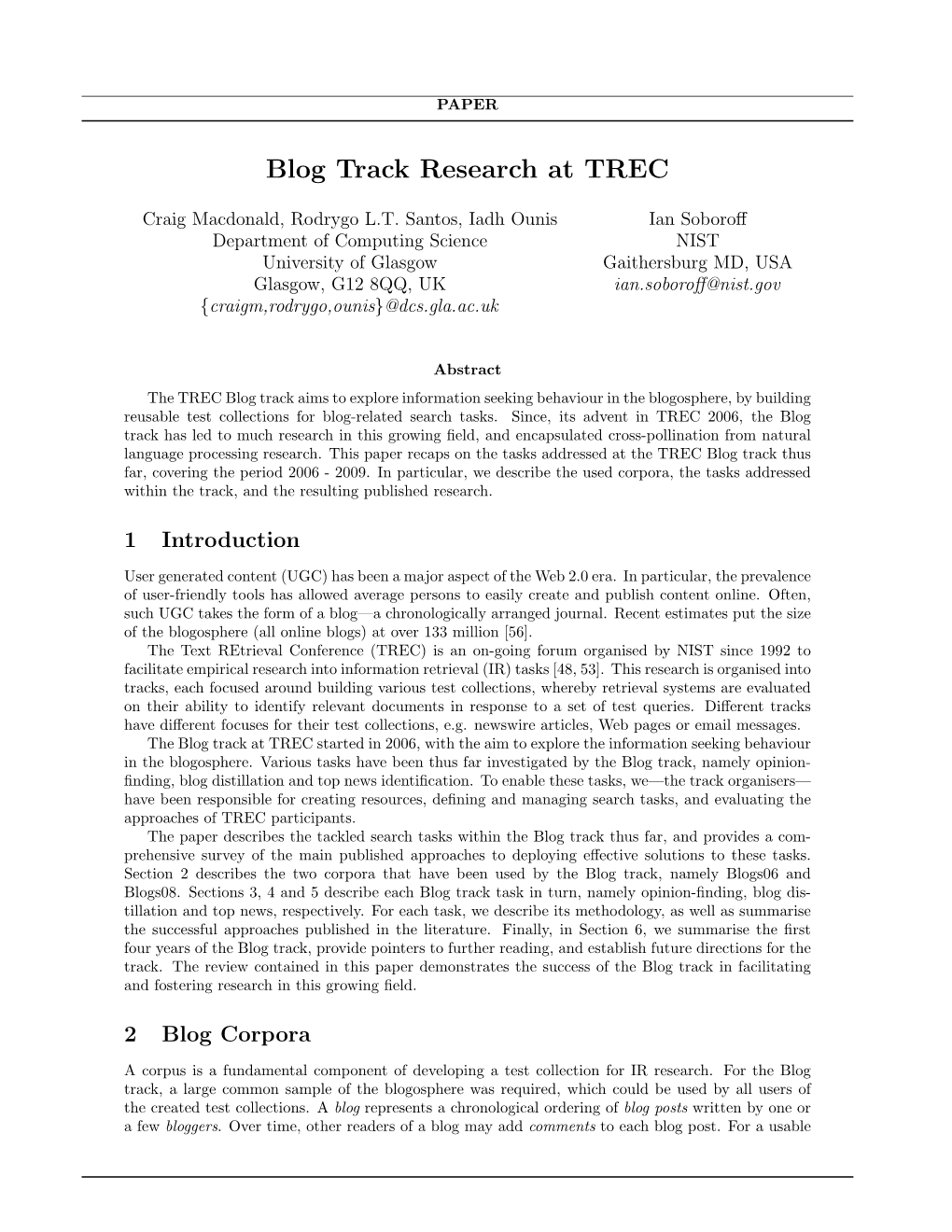 Blog Track Research at TREC