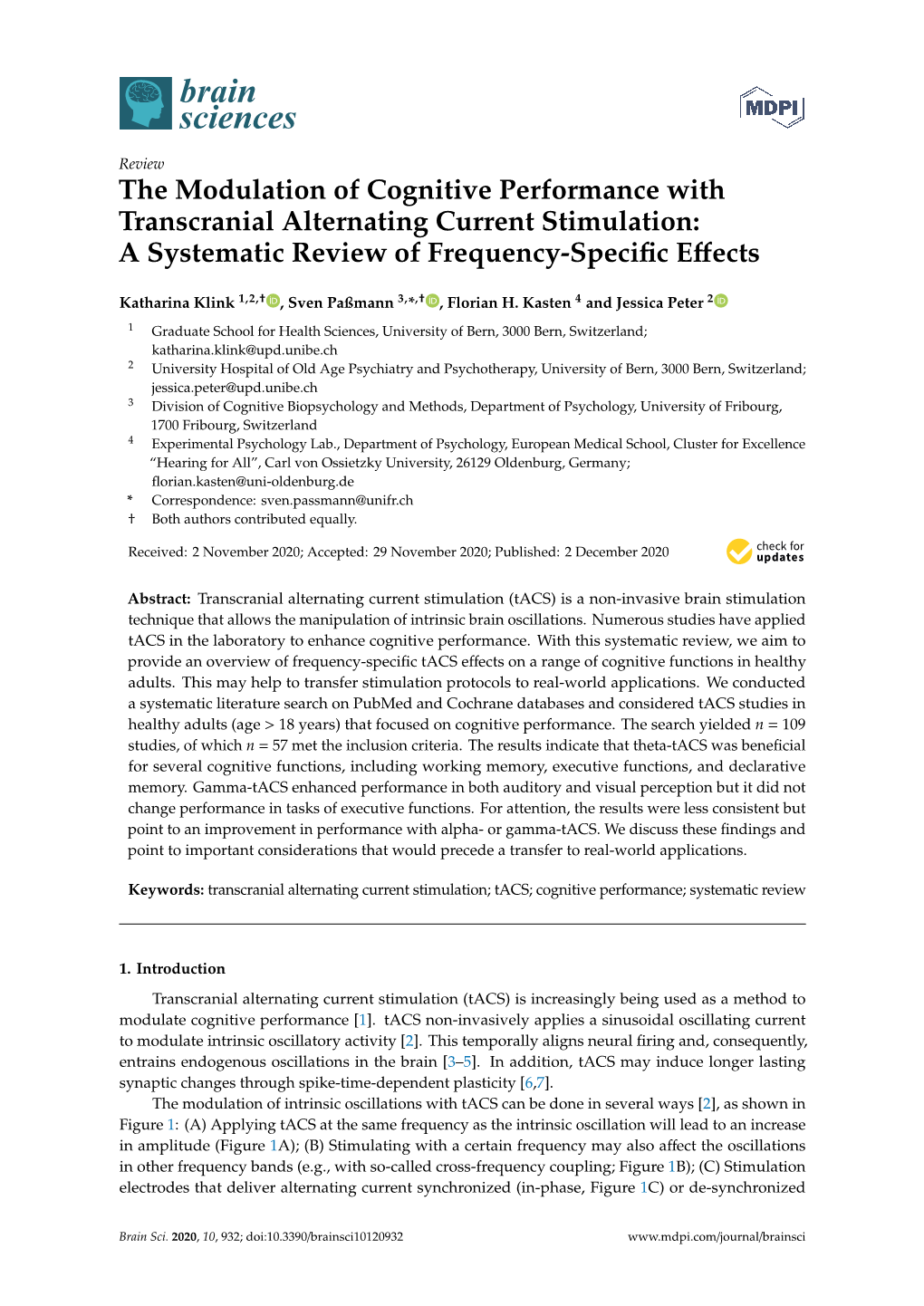 The Modulation of Cognitive Performance with Transcranial Alternating Current Stimulation: a Systematic Review of Frequency-Speciﬁc Eﬀects
