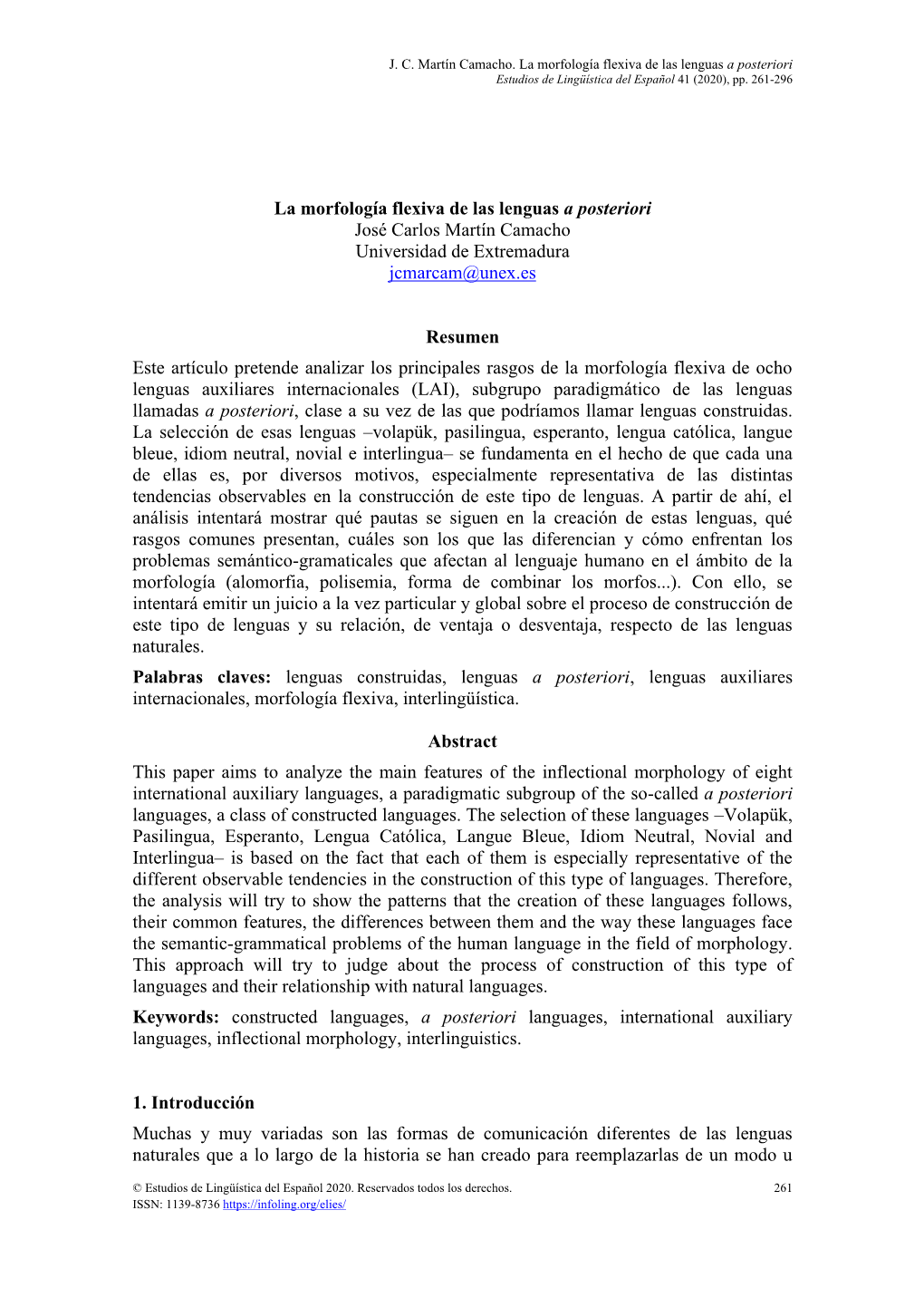 La Morfología Flexiva De Las Lenguas a Posteriori Estudios De Lingüística Del Español 41 (2020), Pp