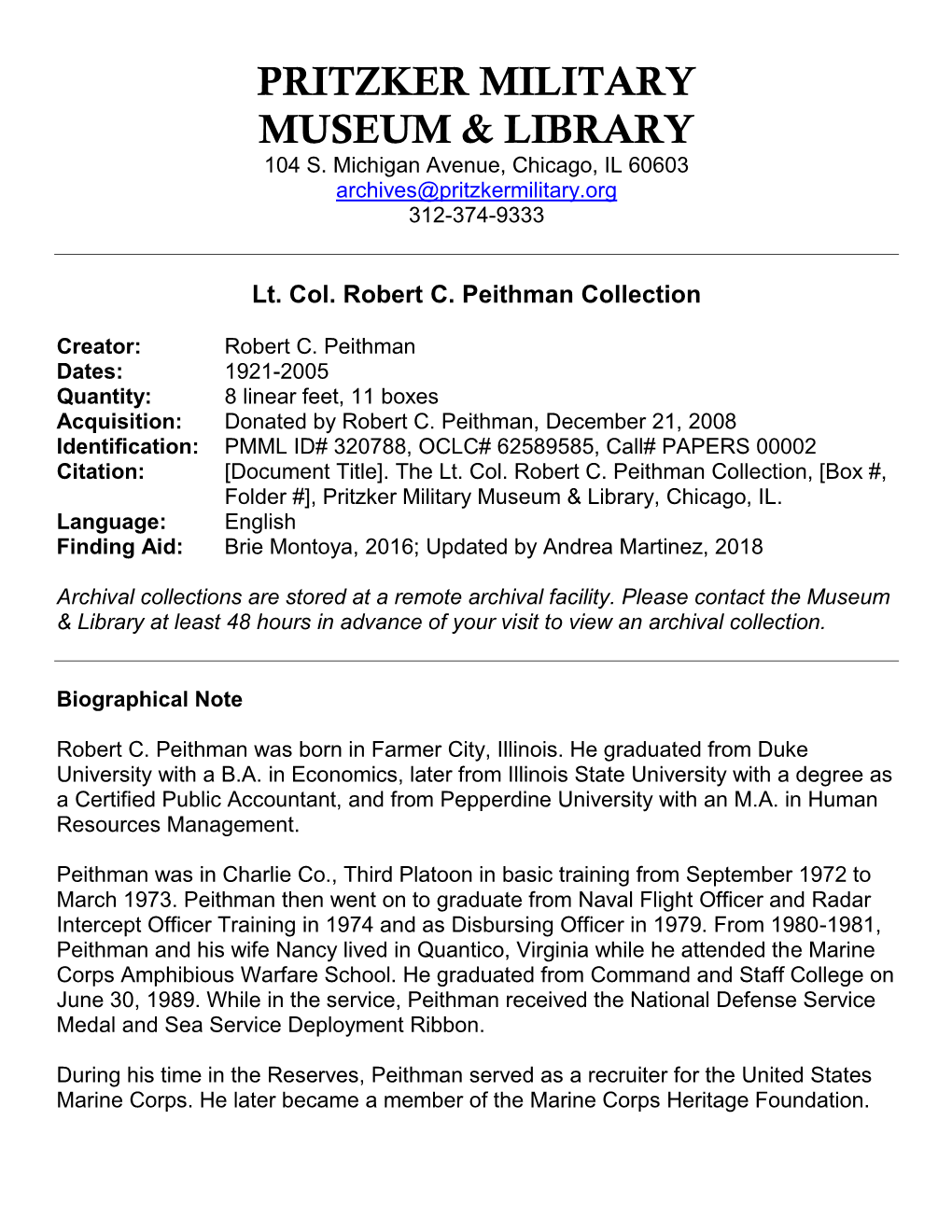 Lt. Col. Robert C. Peithman Collection