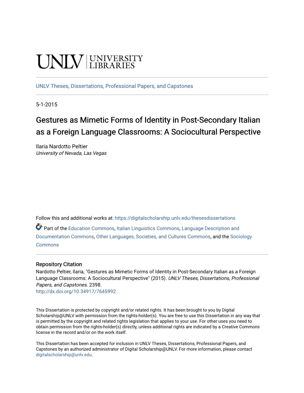 Gestures As Mimetic Forms of Identity in Post-Secondary Italian As a Foreign Language Classrooms: a Sociocultural Perspective