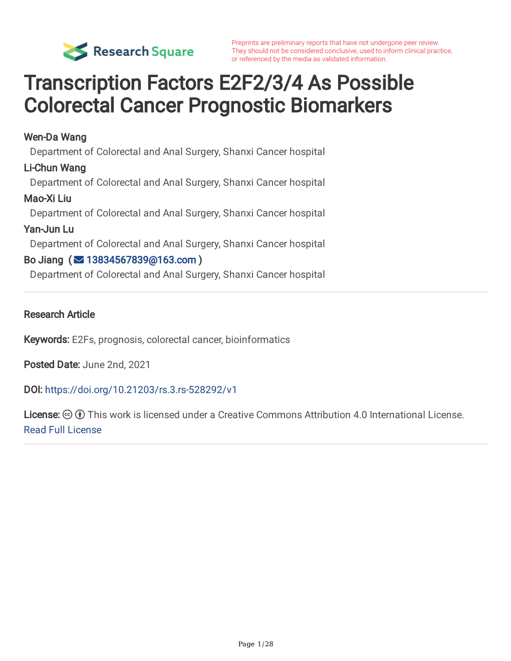 Transcription Factors E2F2/3/4 As Possible Colorectal Cancer Prognostic Biomarkers