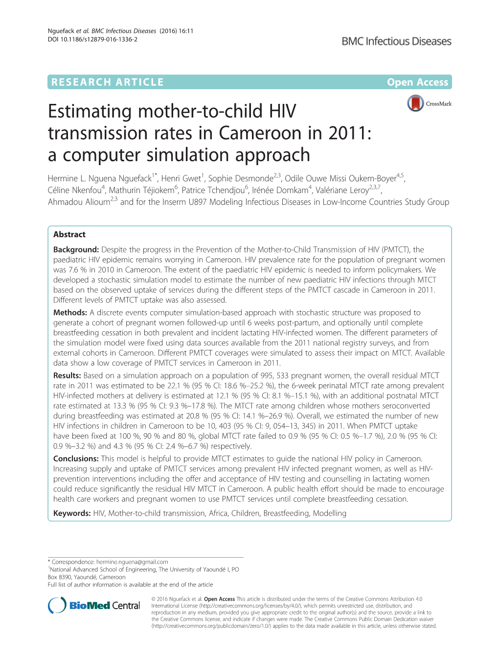 Estimating Mother-To-Child HIV Transmission Rates in Cameroon in 2011: a Computer Simulation Approach Hermine L