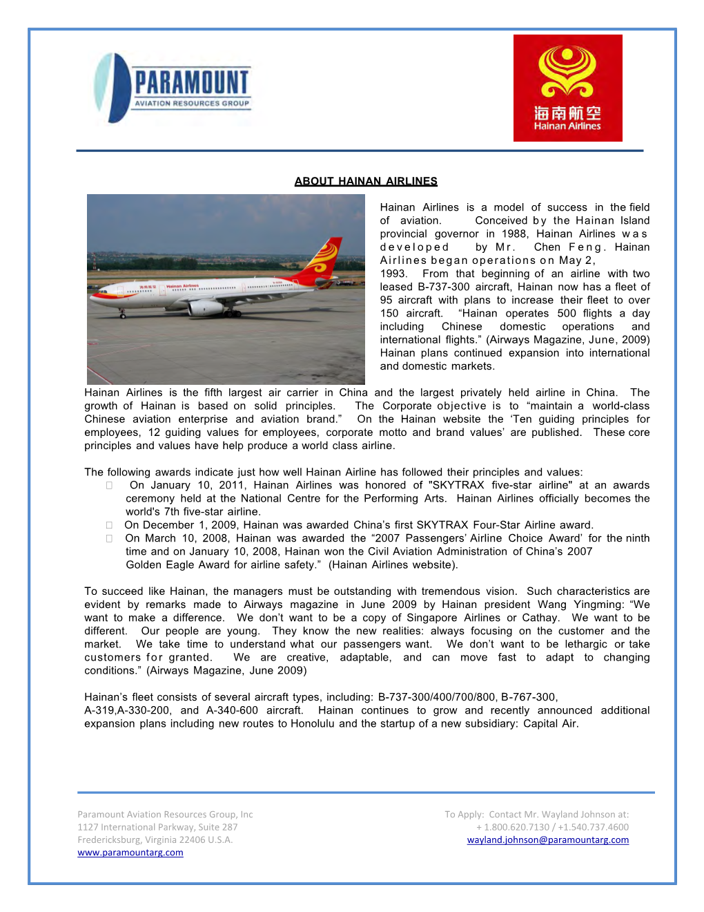 ABOUT HAINAN AIRLINES Hainan Airlines Is a Model of Success in The