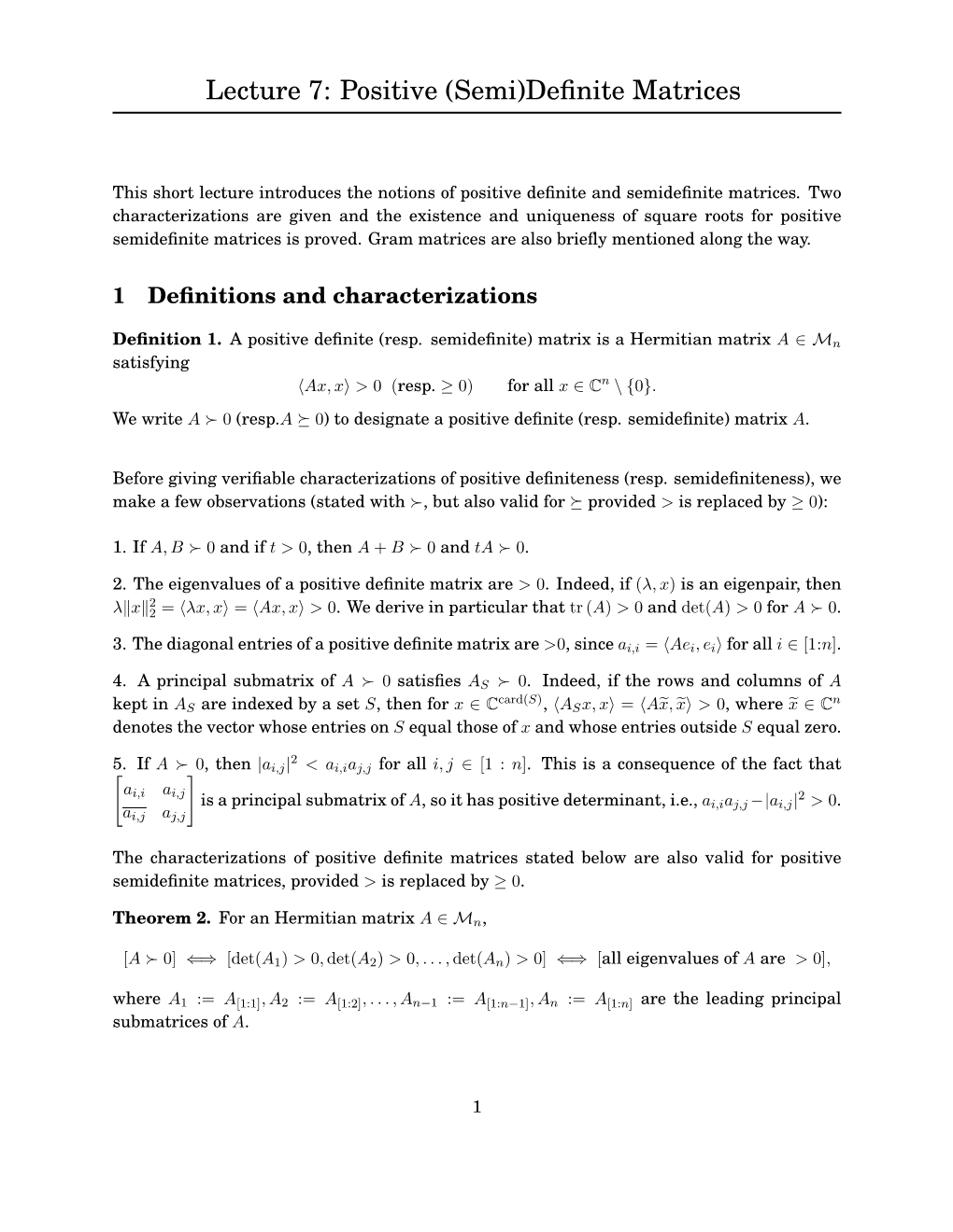 Lecture 7: Positive (Semi)Definite Matrices