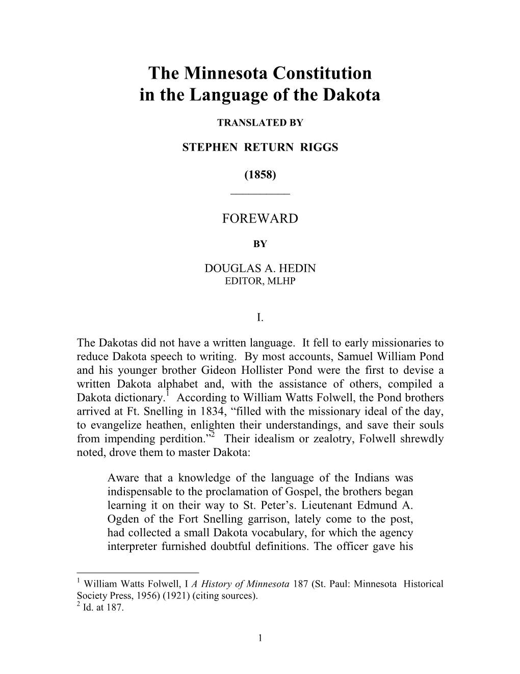 The Minnesota Constitution in the Language of the Dakota