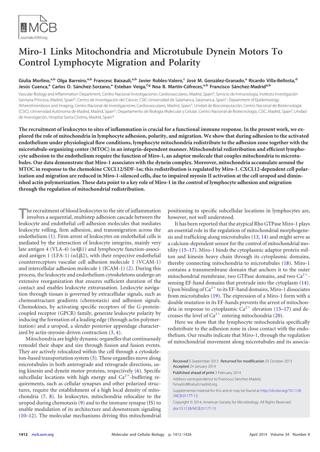 Miro-1 Links Mitochondria and Microtubule Dynein Motors to Control Lymphocyte Migration and Polarity