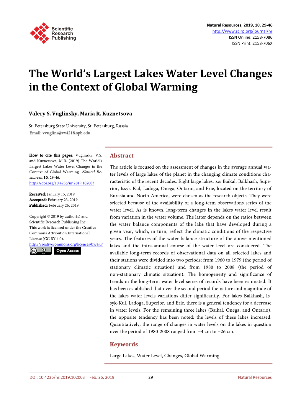 The World's Largest Lakes Water Level Changes in the Context of Global Warming