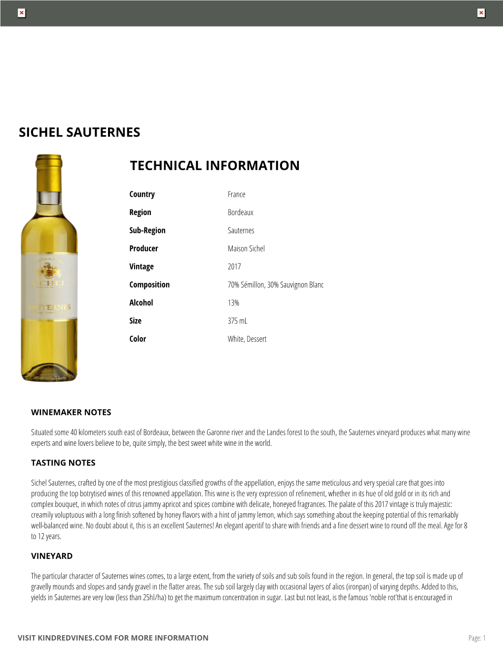 Sichel Sauternes Technical Information