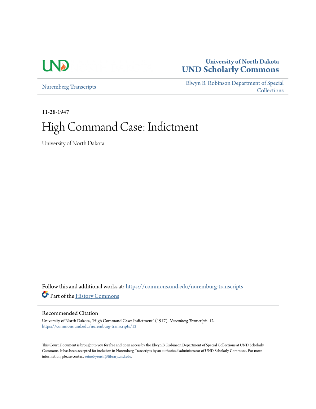 High Command Case: Indictment University of North Dakota