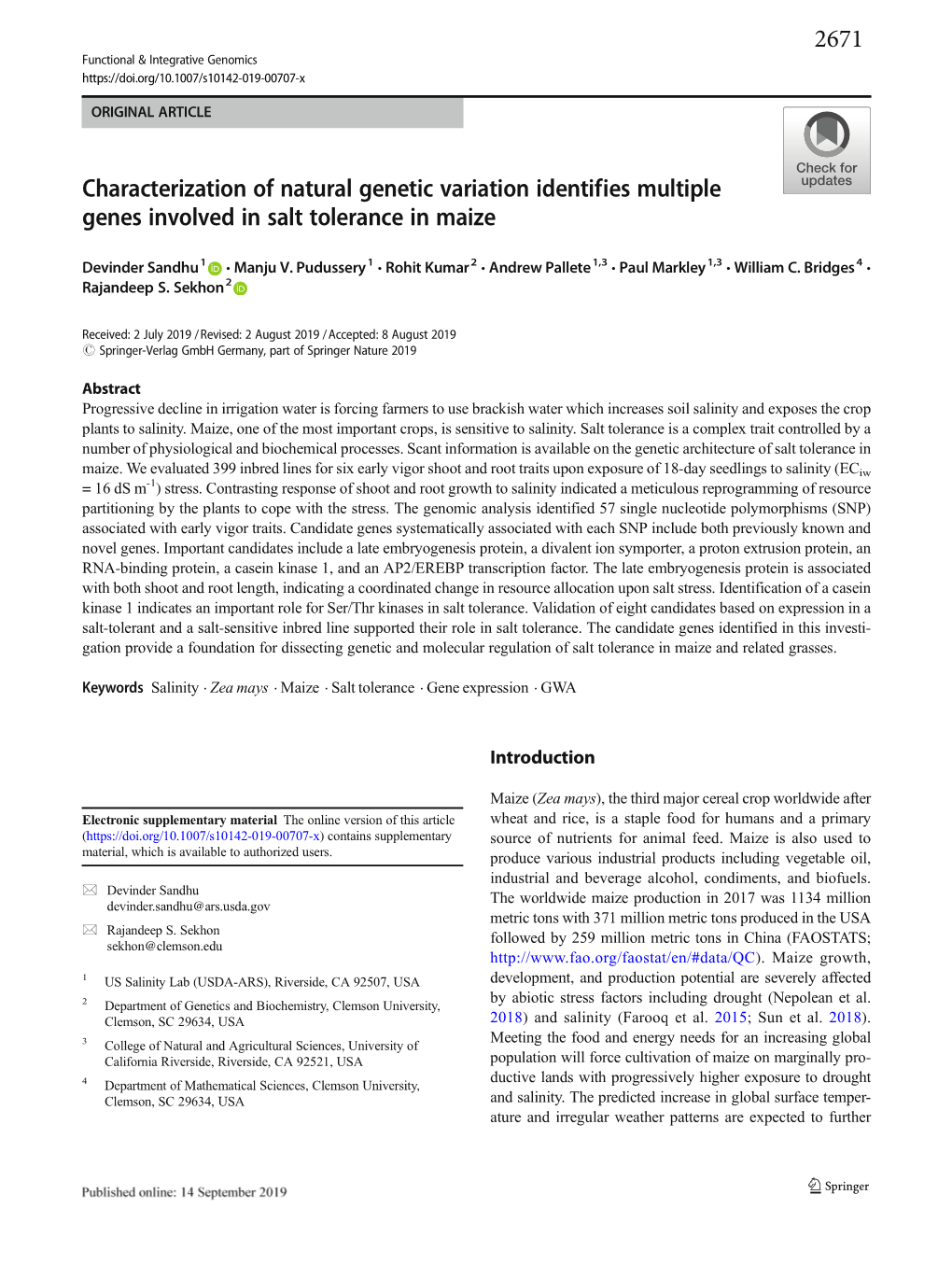 Characterization of Natural Genetic Variation Identifies Multiple Genes Involved in Salt Tolerance in Maize