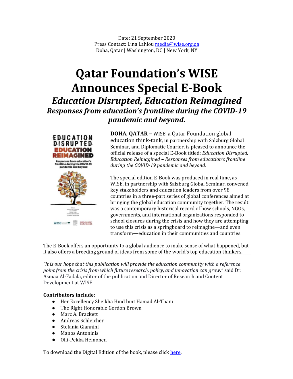 Qatar Foundation's WISE Announces Special E-Book