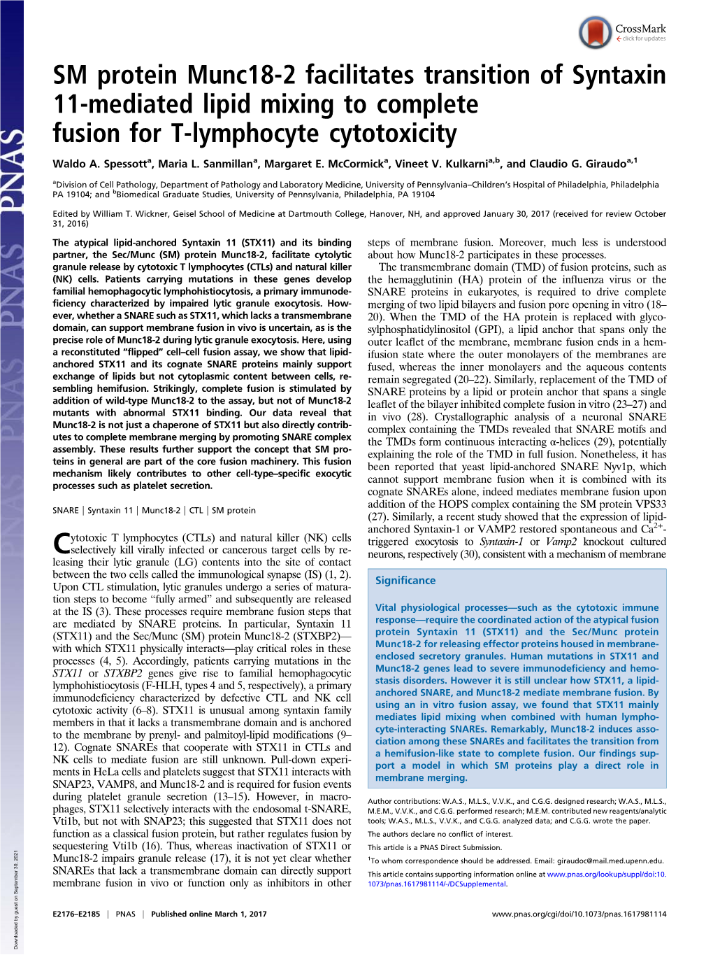 SM Protein Munc18-2 Facilitates Transition of Syntaxin 11-Mediated Lipid Mixing to Complete Fusion for T-Lymphocyte Cytotoxicity