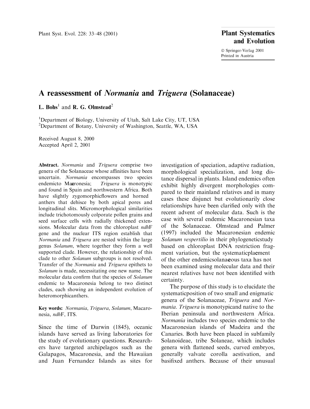 A Reassessment of Normania and Triguera (Solanaceae)